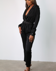 Corinne Belted Satin Jumpsuit (Black)