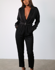 Corinne Belted Satin Jumpsuit (Black)
