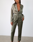 Corinne Belted Satin Jumpsuit (Black)