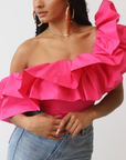 Dramatic Ruffle One Shoulder Top (Pink)