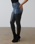 High Waist Vegan Leather Denim Pants